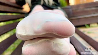 Mistress Legs - Enjoy Seductive Nylon Feet On A Bench In White Patterned Pantyhose (4K Hd)