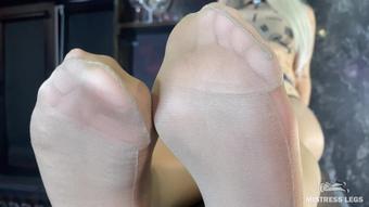 Mistress Legs - Beautiful Feet Of The Mistress In Flesh-Colored Tights Tease You On The Table Close-Up (Mp4 4K)