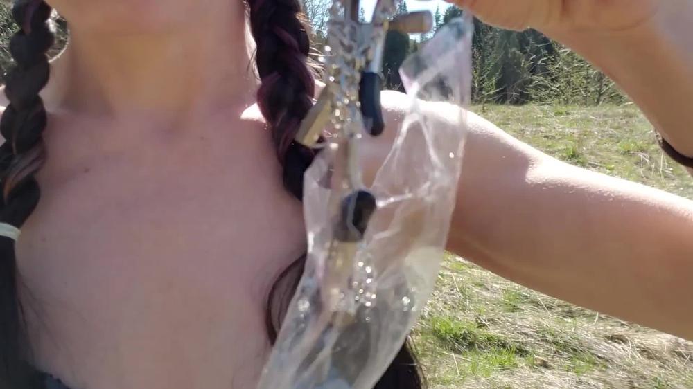 Black Dress, Nipple Clamps, and Buttplug Play Outside