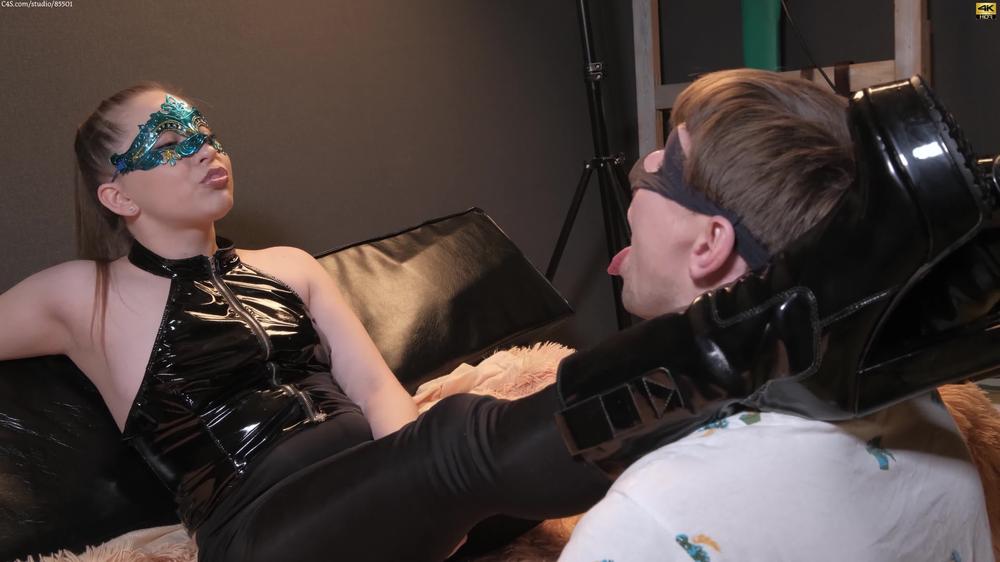 Princess spits profusely in the slave's face smears fragrant saliva on his face with her boots