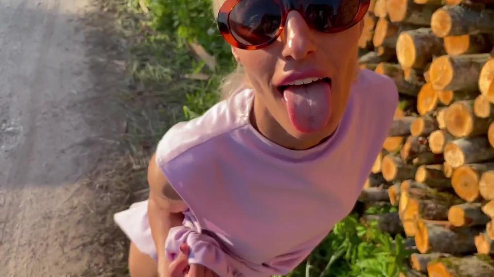 Skinny Blonde In Short Dress Does Sloppy Blowjob On The Public Road | Saliva Bunny