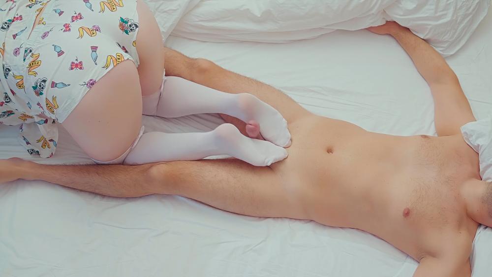 Wake-Up FootJob Cum on White Stockings | Amateur Redhead Ginger PAWG Teen