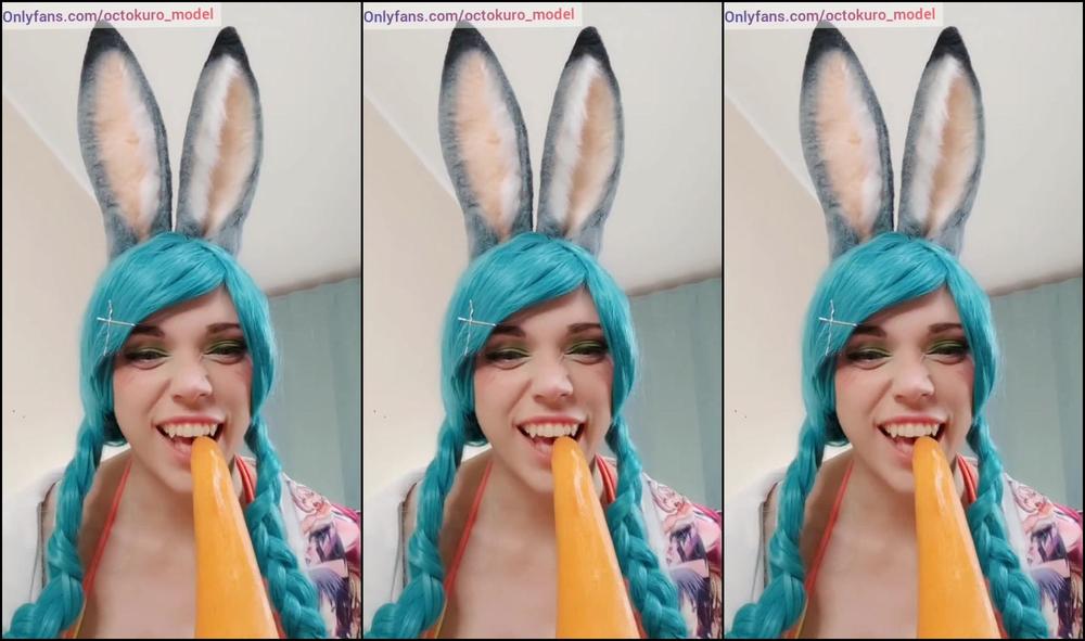 Bunny girl plays with butt plug and dildo