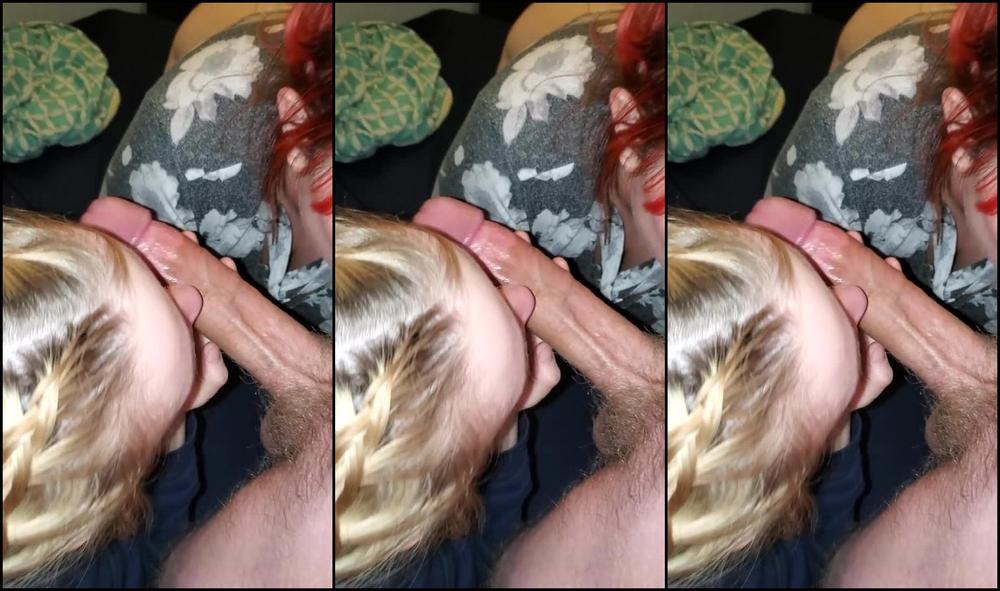 Amazing double blowjob from petite blonde & bbw redhead