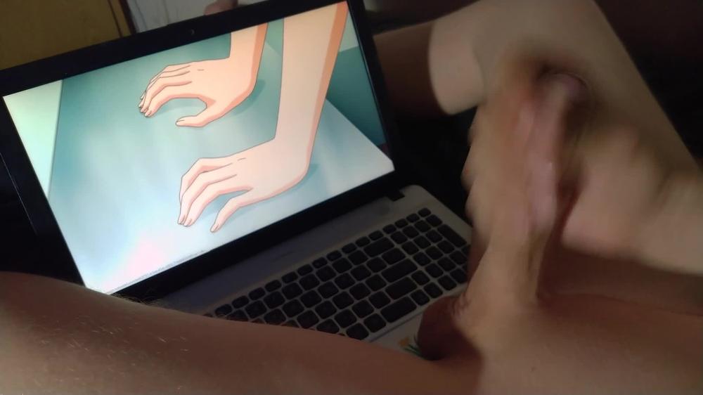 Hot guy watches hentai jerk off big dick and moans with pleasure cums a lot of cum
