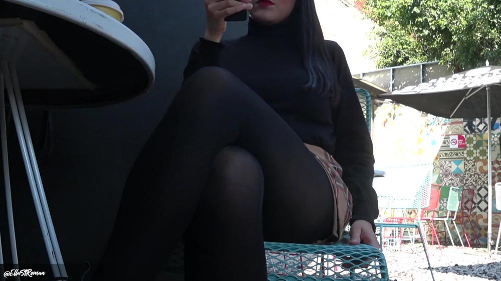 Join me for coffee in skirt and stockings!
