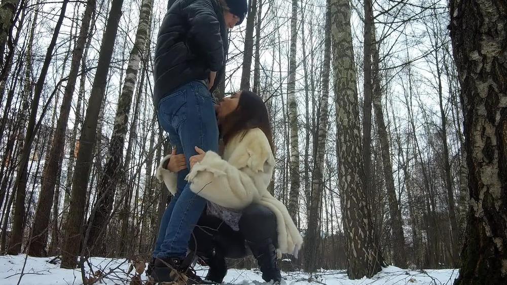 Cum in mouth after blowjob in the winter forest!