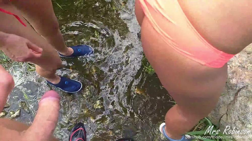 2 Kissing Girls Fuck Guy who films them by the river FFM