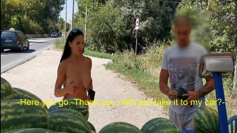 Milf Lilly naked outside bying fruit from random guy