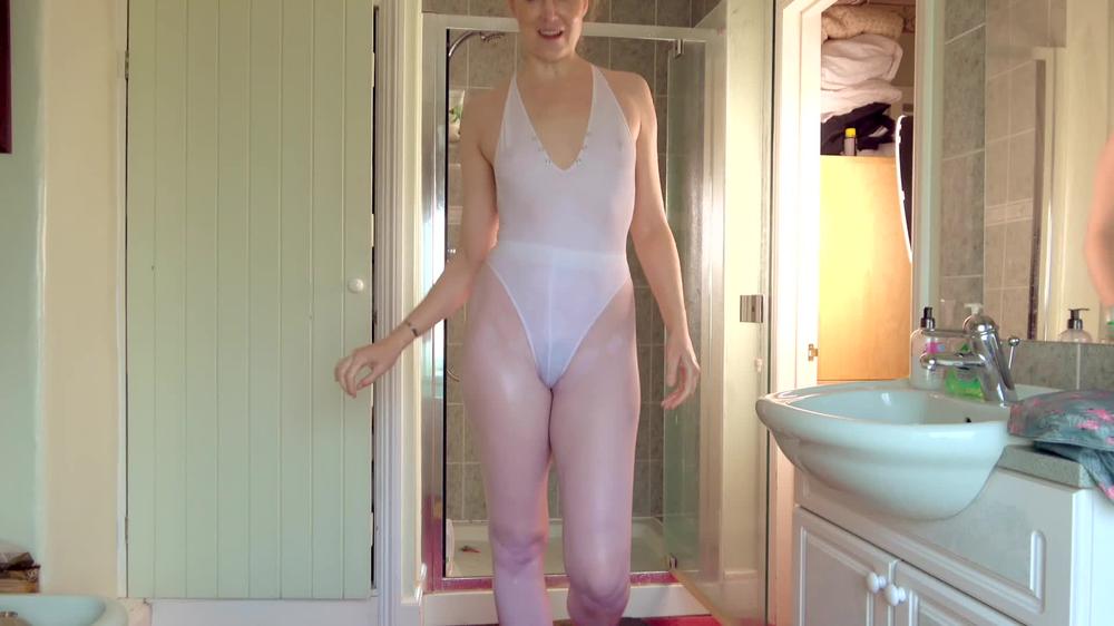 Ariel Anderssen Shower In White Leotard Footless Tight