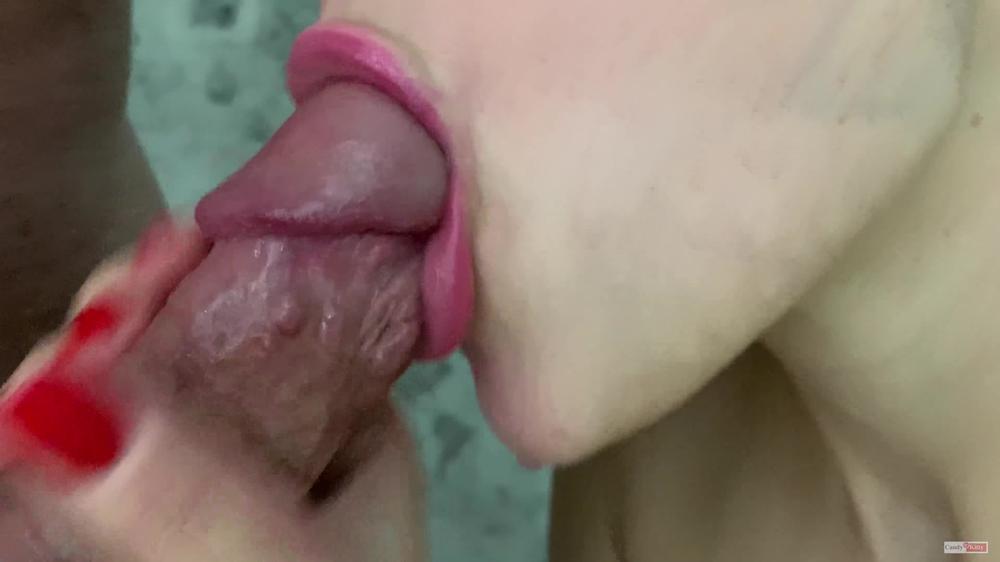 Close up red lipstick blowjob and cum in mouth