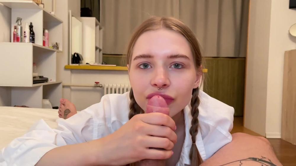 Cute blowjob from schoolgirl with braces and pigtails