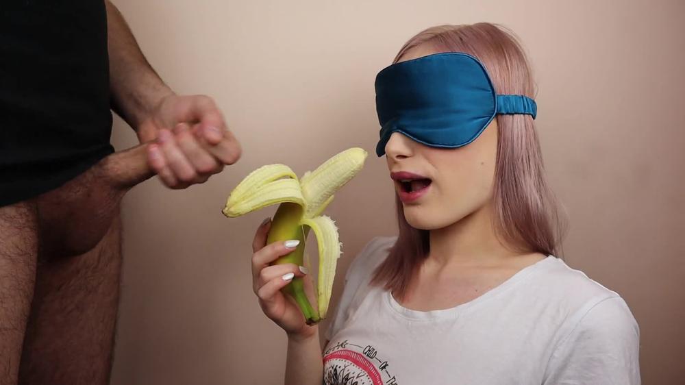 Petite step sister got blindfolded in fruits game