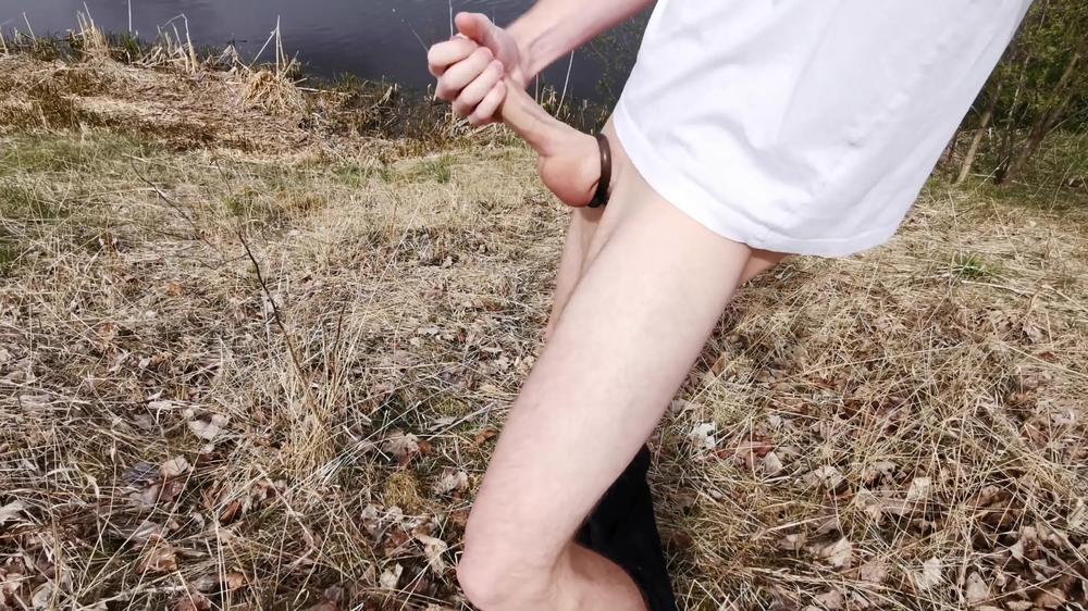 Exhibitionist boy jerk-off in a public riverside | Johann Wood