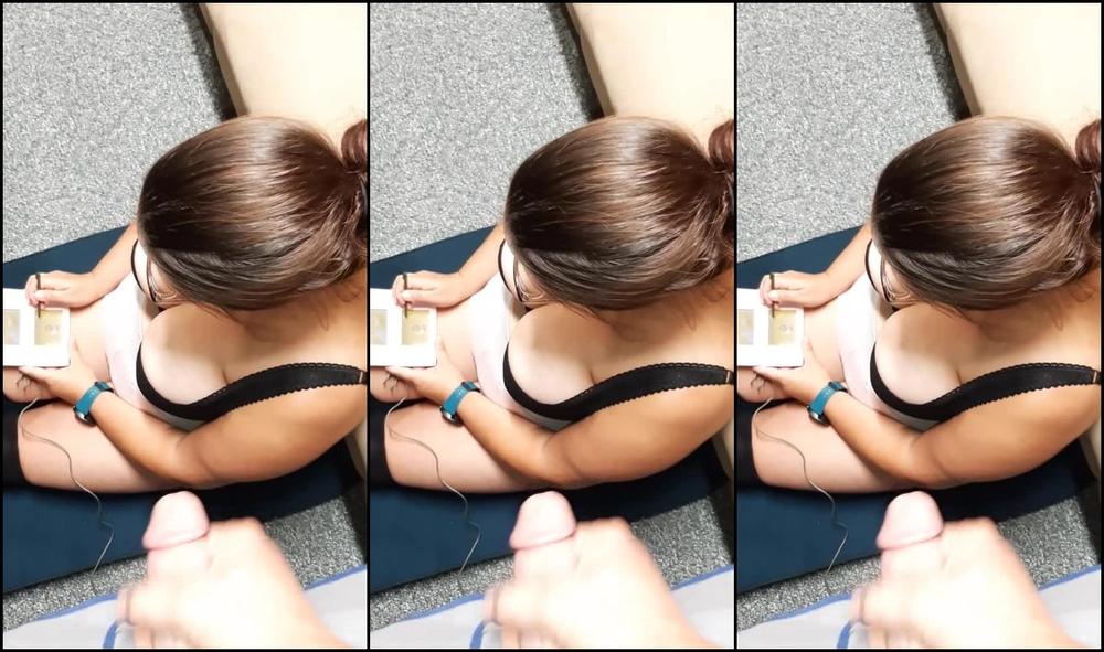 Unexpected cumshot on step moms bra while she's distracted gaming.