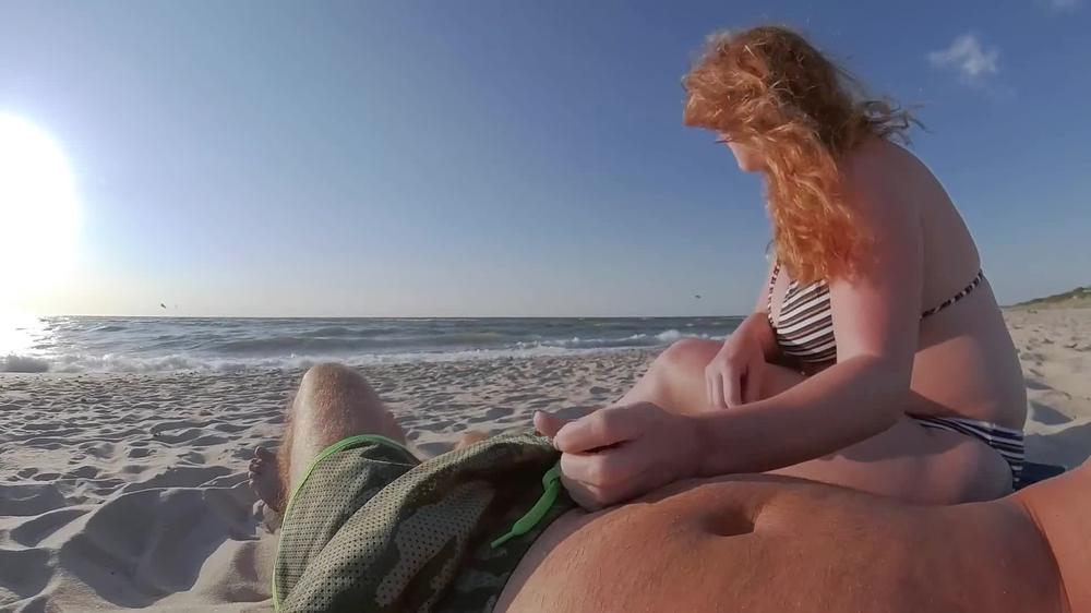 SURFERS APPROACHING RUINED HIS ORGASM! Interrupted Risky Public Beach Handjob Cum - Ginger Ale MILF