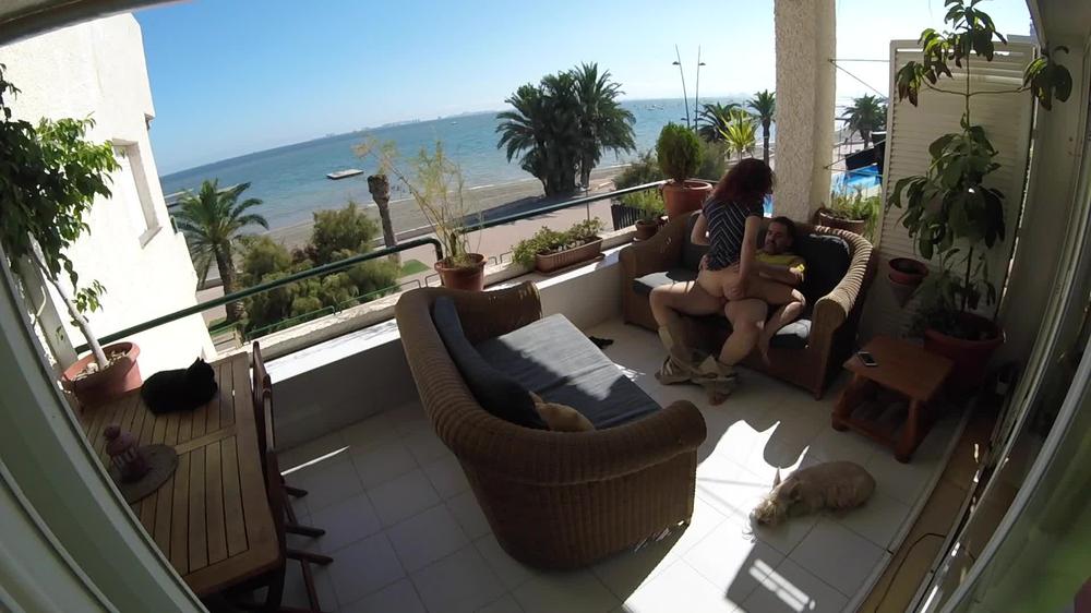 Stealth sex on beach balcony while people walk nearby