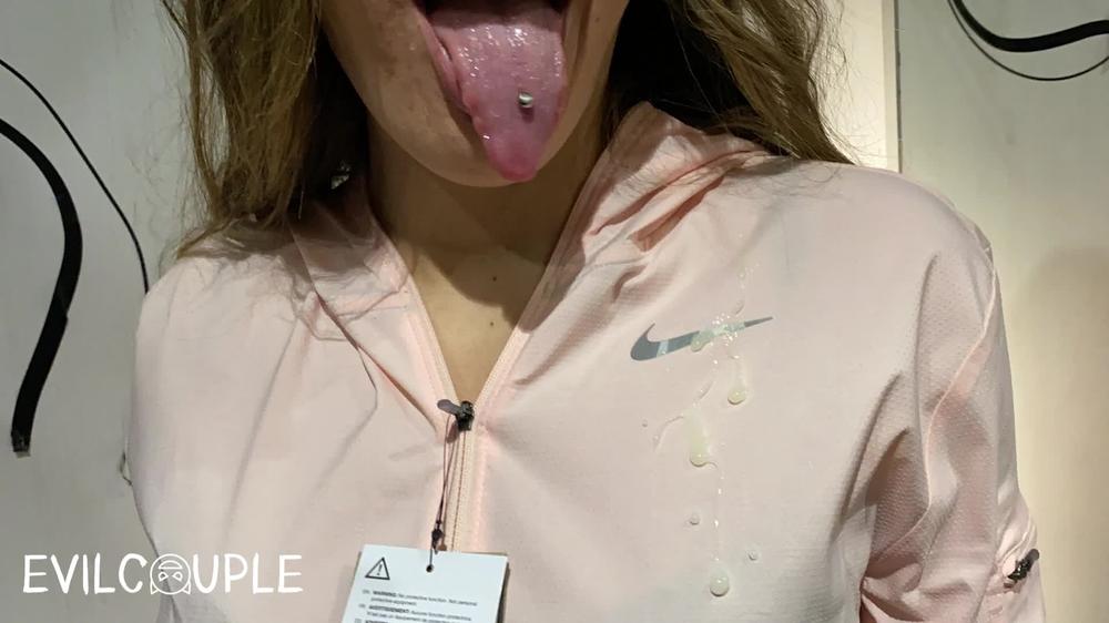 Public Dressing Room Blowjob gets messy with big cumshot on Nike Jacket