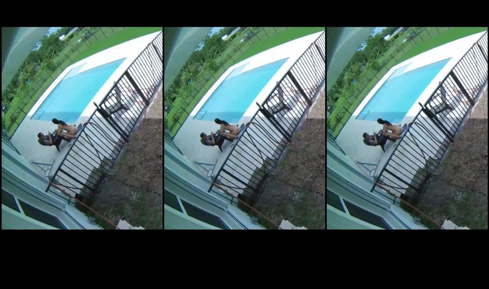 Milf strips outside by pool and sucks dick, while the neighbors are outside.