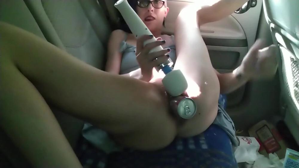 Masturbating in the backseat of my car , small Red Bull can, big Red Bull can, big pink double dick