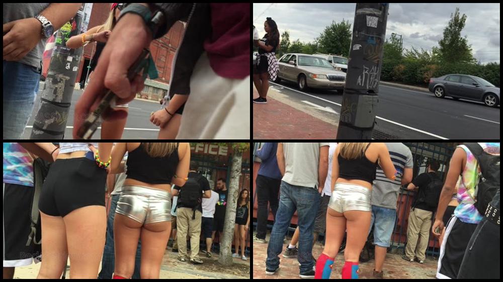 0015 Raver Girl Booty Shorts Cheeks Camera Caught Public Festival Blonde