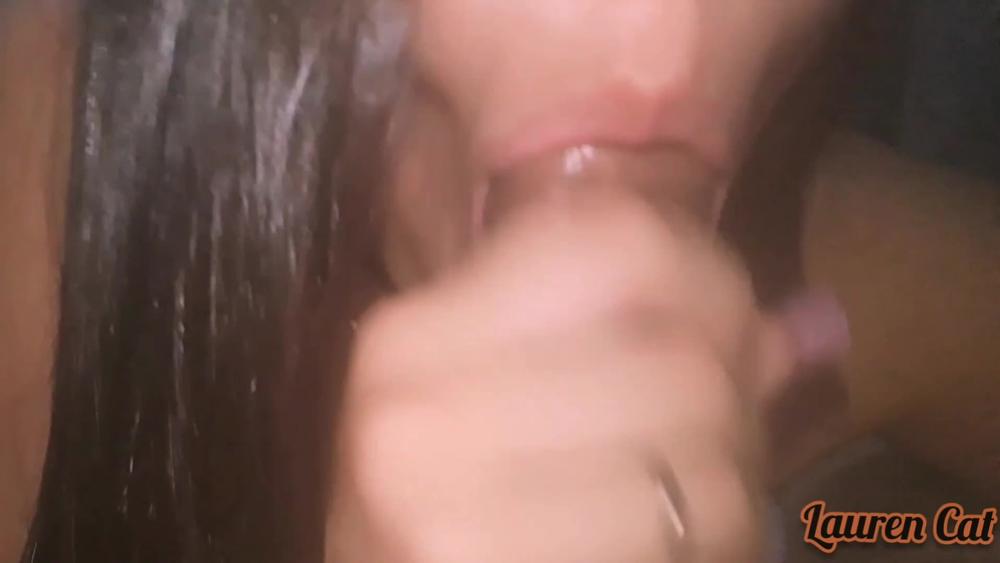 Brunette sucking and taking cum all over her mouth, she loves to swallow cum