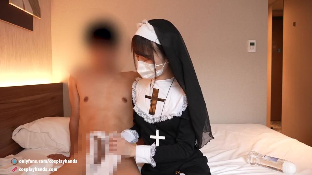 Japanese girl cosplayed as a nun gives a guy a panty job