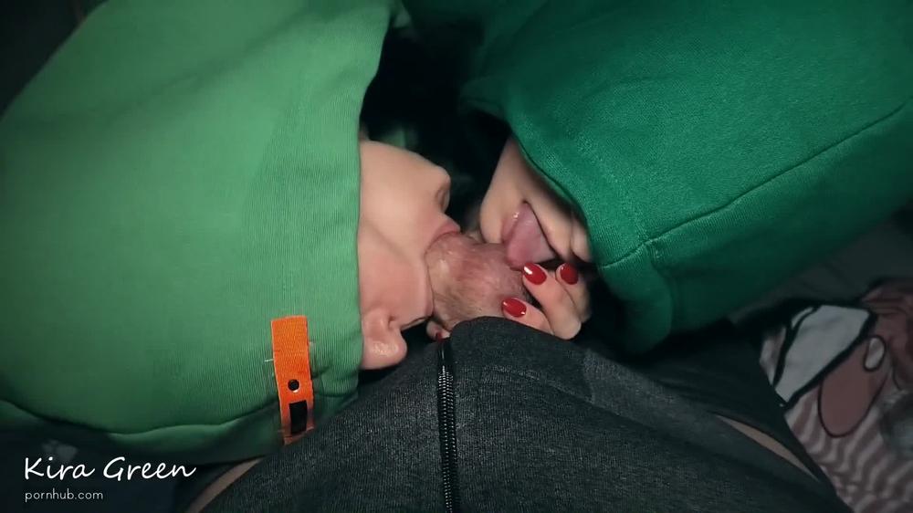Girls in hoodies sucking cock - blowjob, sucking balls, cumshot in mouth, threesome