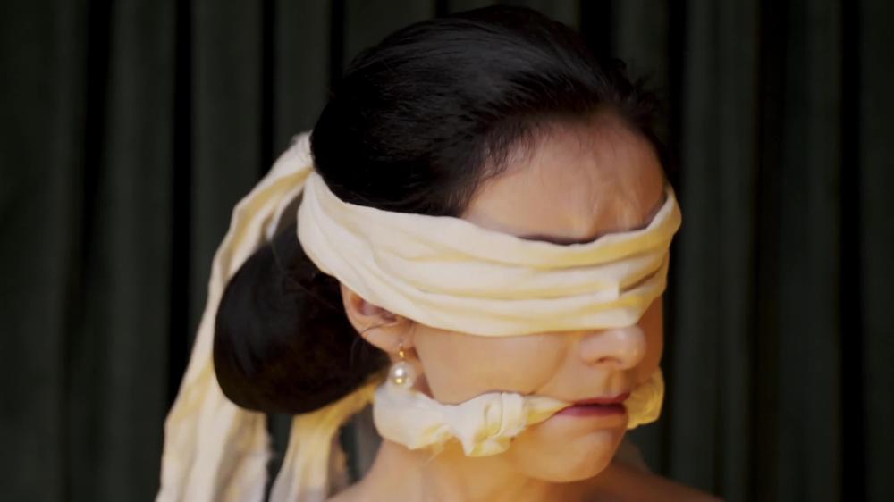 Blindfold Bondage In Satin Chemise