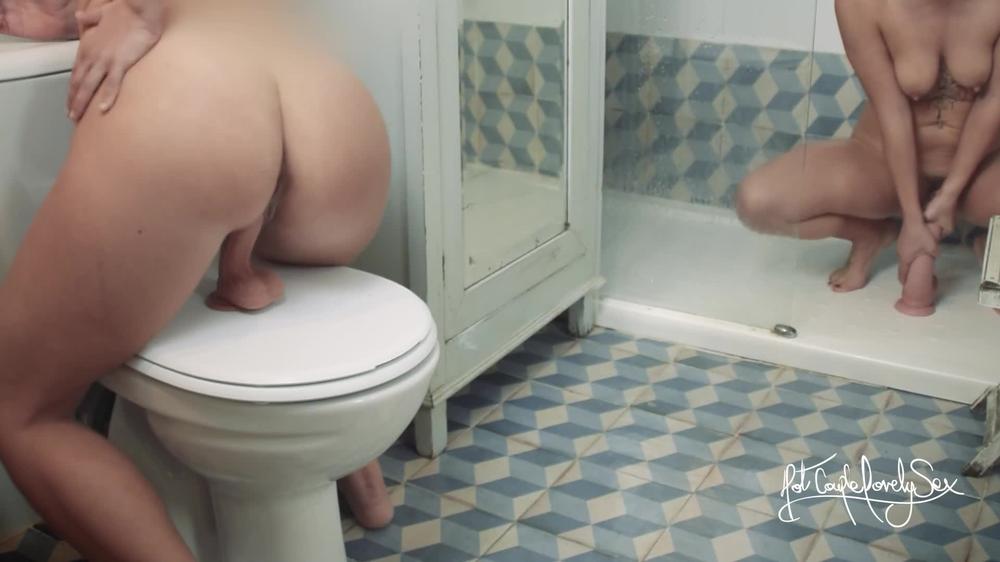 A fantasy in the bathroom with my roommate! Two dildos, two orgasms in a lesbian experiment
