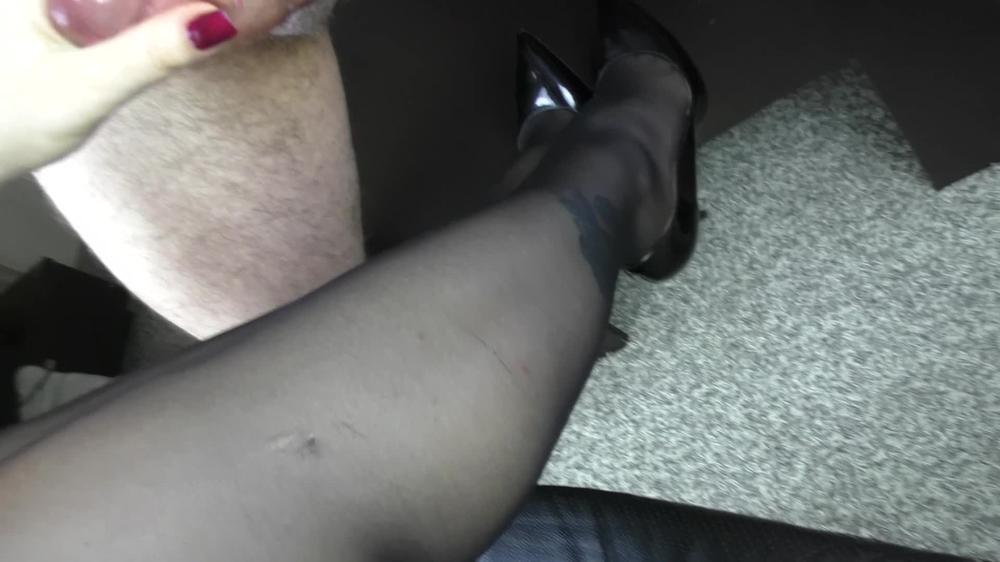 Young Handjob on her feet in stockings - Foot fetish, cum on feet