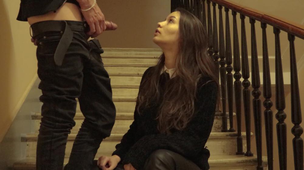 Fucked a Cute Student in Leather Pants on the Stairs in Entrance