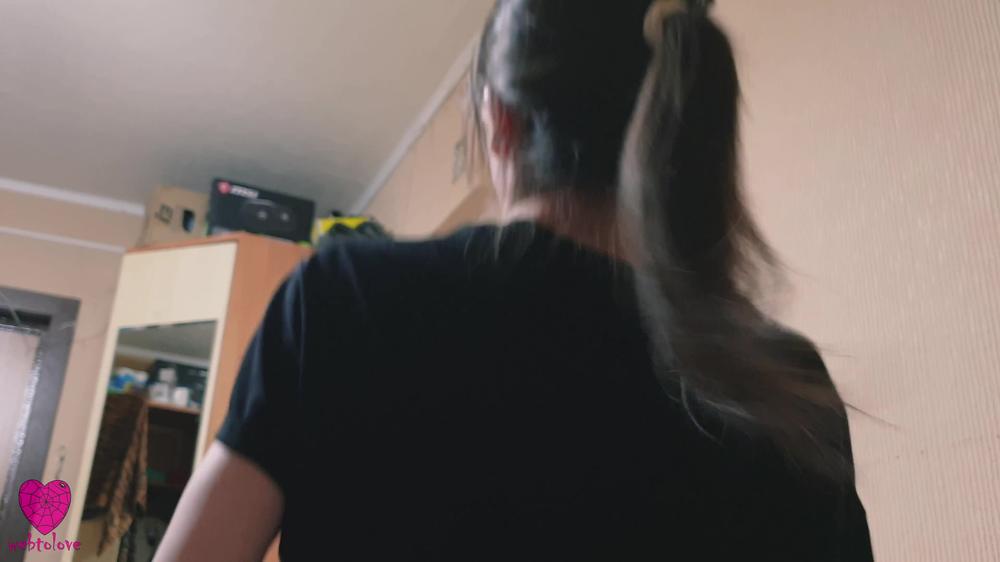 A girl without underwear in only a t-shirt and stockings really wanted sex