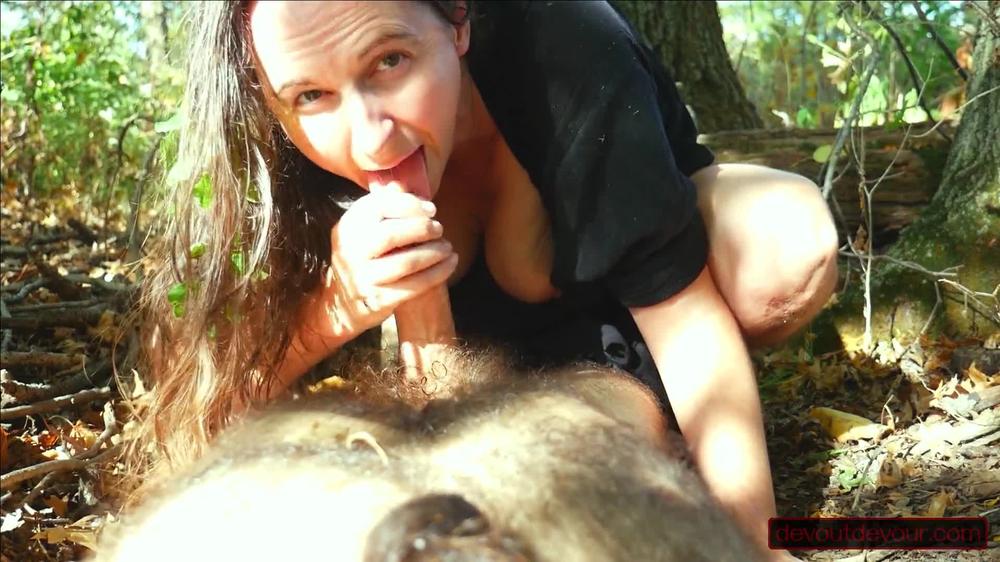 POV Cocksucking and Wet Sloppy Handjob in Woods; Leaves in her Hair, Tits Squeezed Out her Dress