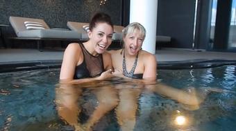 Blonde & Brunette Public Lesbian MFF 3Sum Spa Day