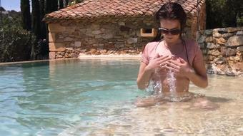 Pink T-shirt bikini tease and swim
