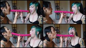 Cattie Messy Gagging Double Dildo Blowjob