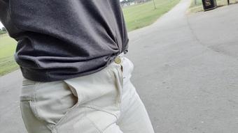 Cream trousers on the bench wetting pee - January 03, 2023