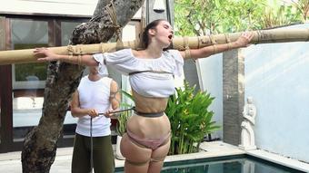 Playing with suspended Sangini's belly - October 10, 2023