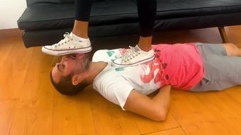 LICK MY SHOES OR GET TRAMPLED - Cock trampling and crushing, tongue trample