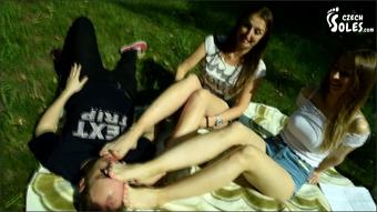 Two Barefoot Girls In Park Having Their Feet Worshiped By A Stranger Foot Worship Public Feet 1080P