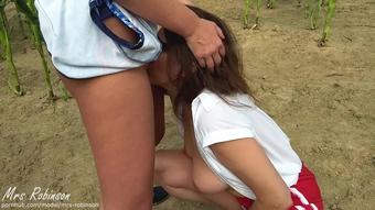 Lesbian Girls Kissing and Licking Pussy in Public Cornfield