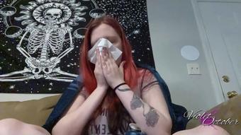 Miserable Sick Girl Blows Snotty Nose