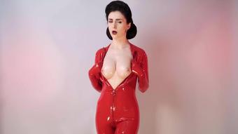Hot Joi In Red Latex Catsuit