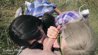 Outdoor blowjob with 2 girl, cum mouth, cum kissing - threesome ffm Amateur Step Sisters Moore