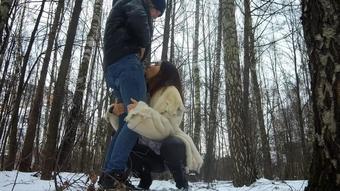 Cum in mouth after blowjob in the winter forest!