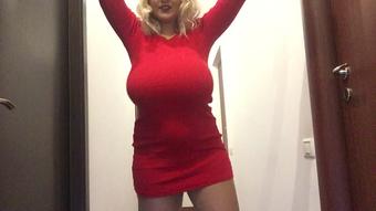 Lady in red plays with her huge boobs - September 21, 2018