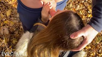 Girl in Down Jacket with Fur gives blowjob and makes me Cum all over Her