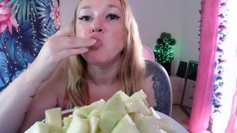 Curvy Girl burps after stuffing her belly with melon - June 23, 2023