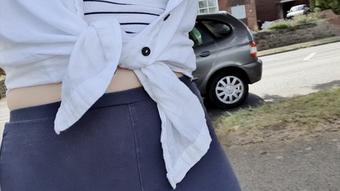 Outdoor navy leggings desperation pee - February 21, 2023